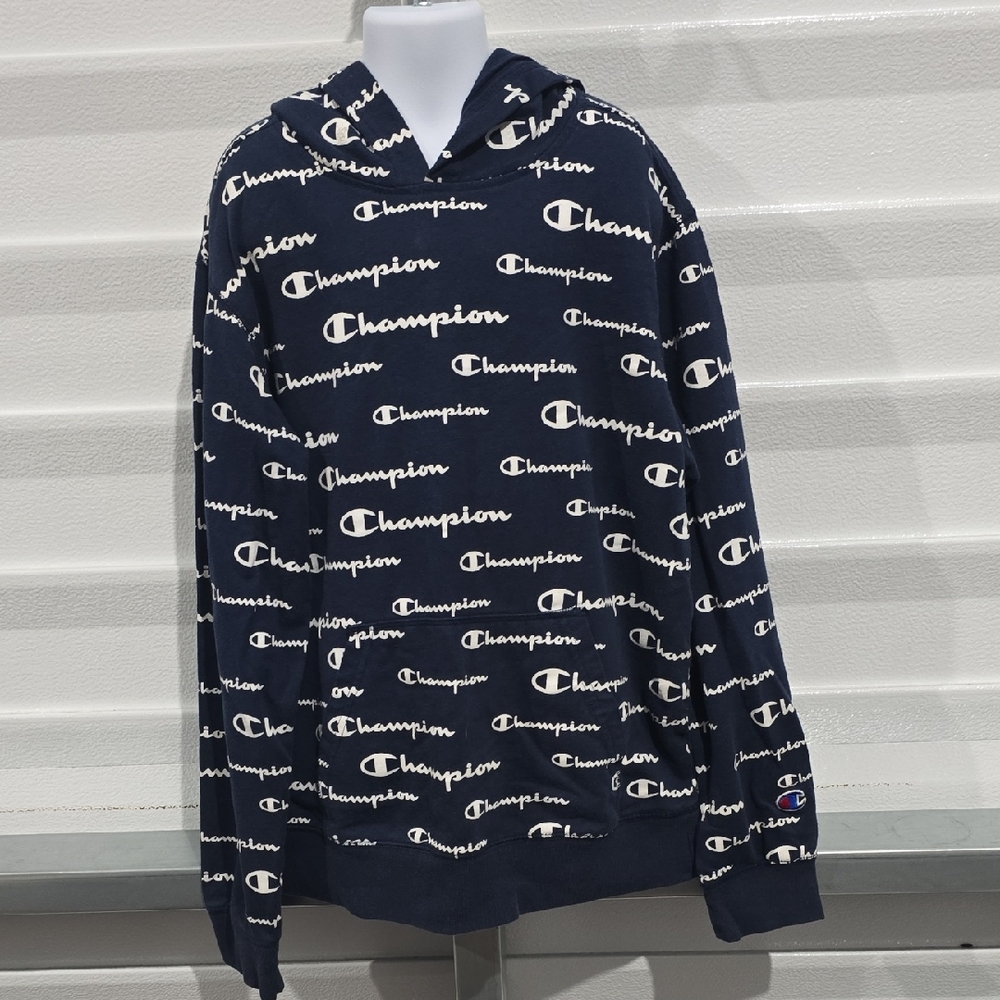 Champion Blue Logo Print Hoodie Sweatshirt Size Large